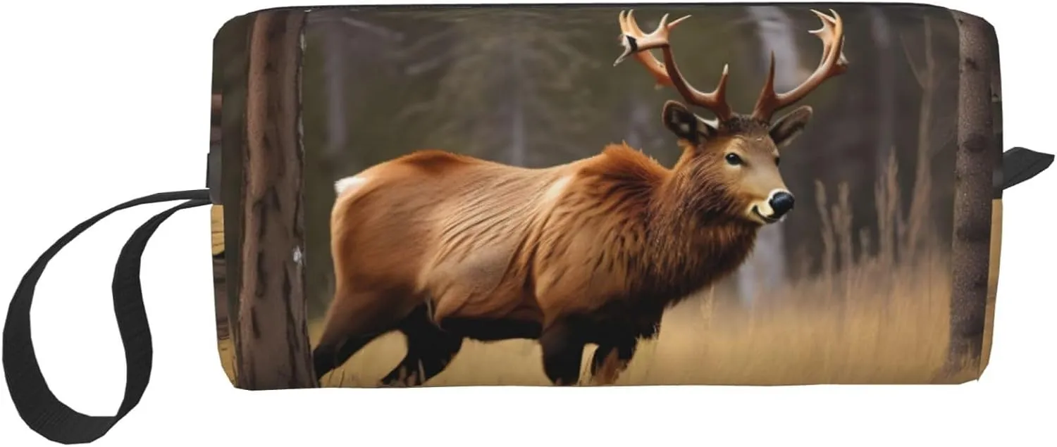 Wildlife Deer Bear Elk print Multi-Purpose Cosmetic Bag with Zipper Canvas Makeup Bags, Travel Toiletry Pouch, Pencil Bags