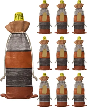 Wine Gift Bag Washable Wine Bags for Wine Bottles Gifts Rustic Barn Wood Antique Brown Orange Farm Wooden Planks Wine Travel Bag Burlap Wine Bags with Drawstrings Tabs, 10PCS, 6.3x17.3 Inch