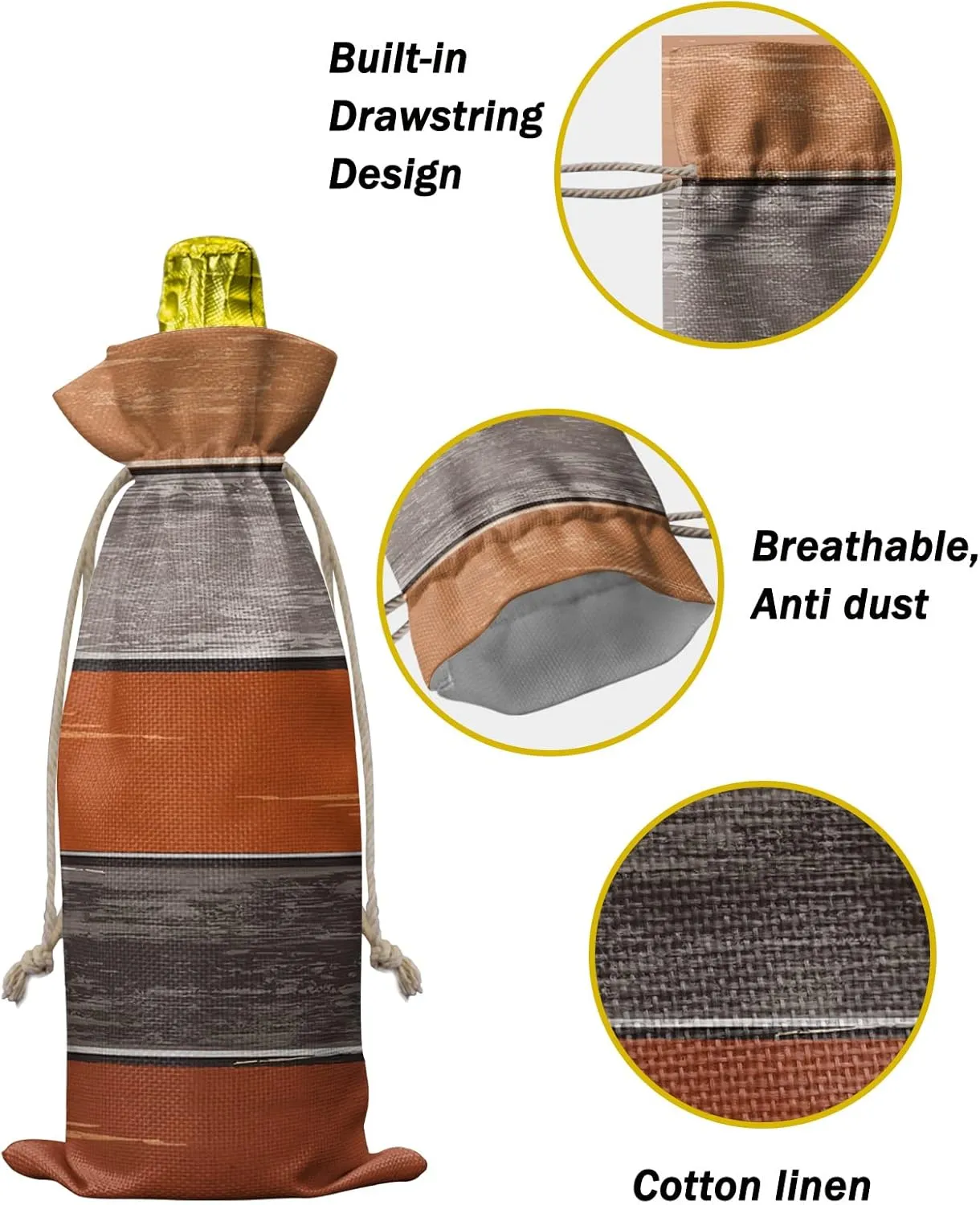 Wine Gift Bag Washable Wine Bags for Wine Bottles Gifts Rustic Barn Wood Antique Brown Orange Farm Wooden Planks Wine Travel Bag Burlap Wine Bags with Drawstrings Tabs, 10PCS, 6.3x17.3 Inch