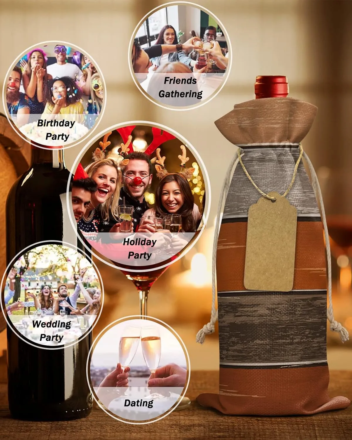 Wine Gift Bag Washable Wine Bags for Wine Bottles Gifts Rustic Barn Wood Antique Brown Orange Farm Wooden Planks Wine Travel Bag Burlap Wine Bags with Drawstrings Tabs, 10PCS, 6.3x17.3 Inch