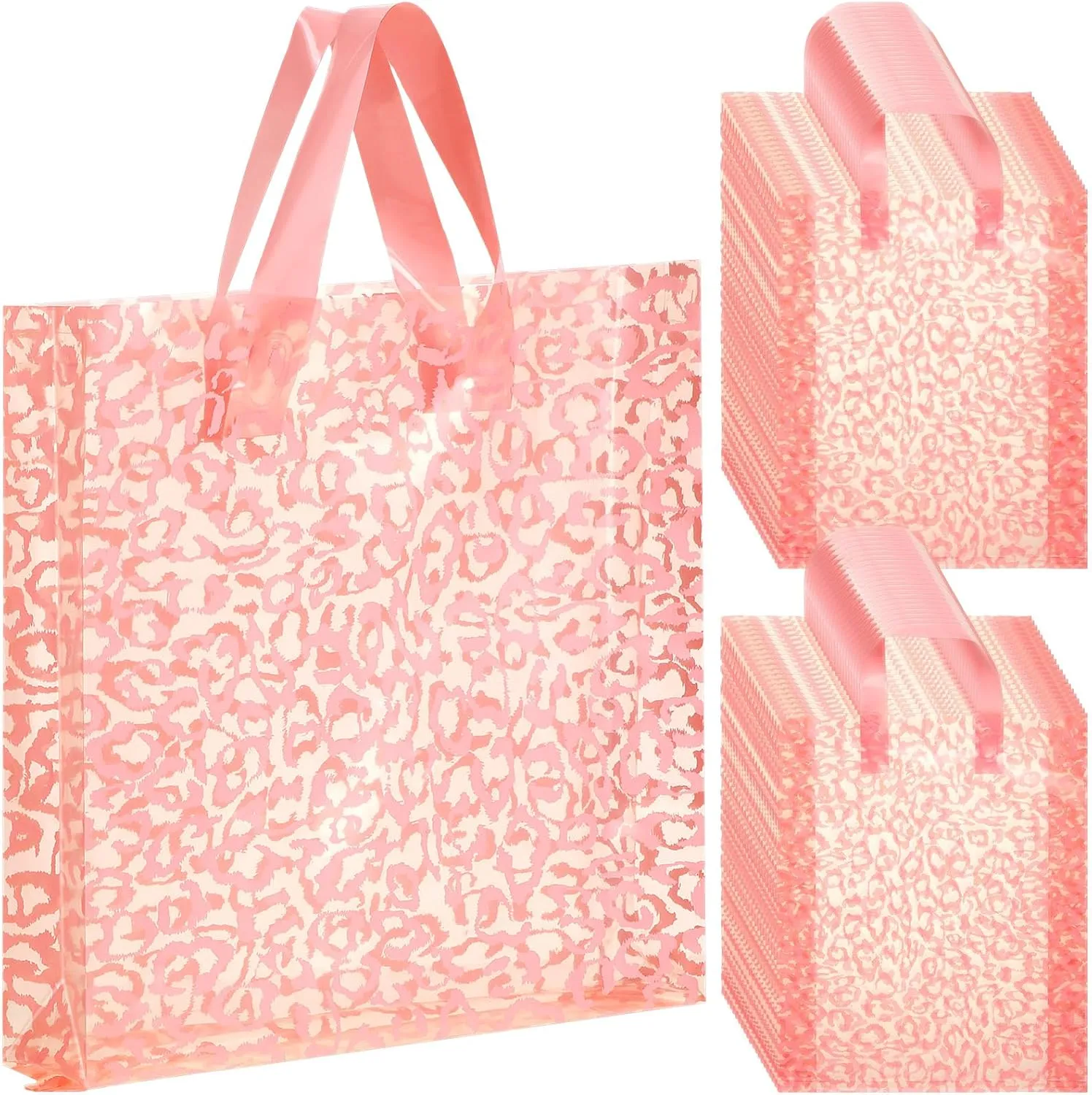 Woanger 100 Pcs Shopping Bags for Small Business Cheetah Leopard Plastic Bags with Handles for Merchandise Retail Boutique