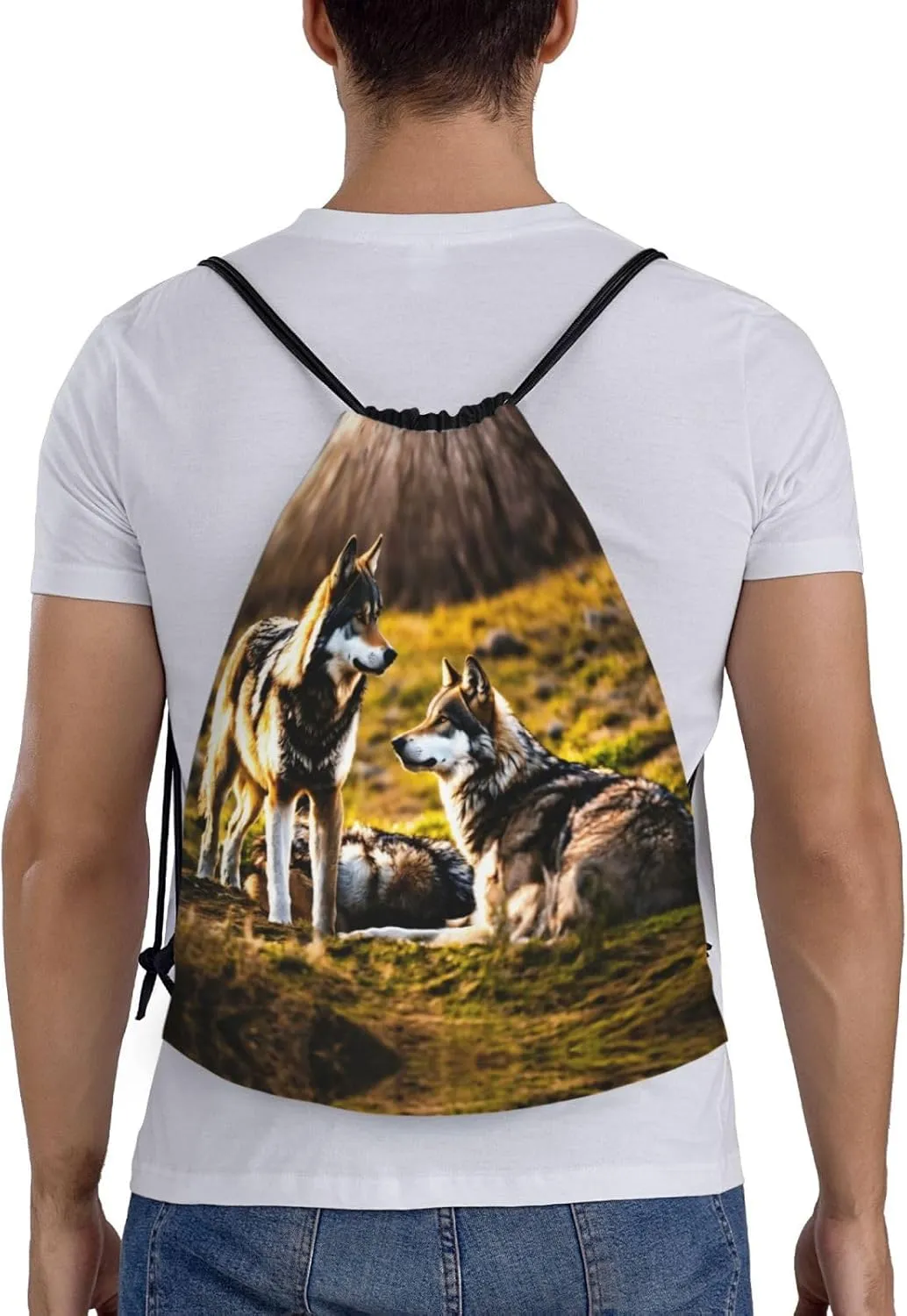 Wolfs print Drawstring Backpack Bags Sack Cinch Tote Sport Storage Polyester Bag for Gym Traveling
