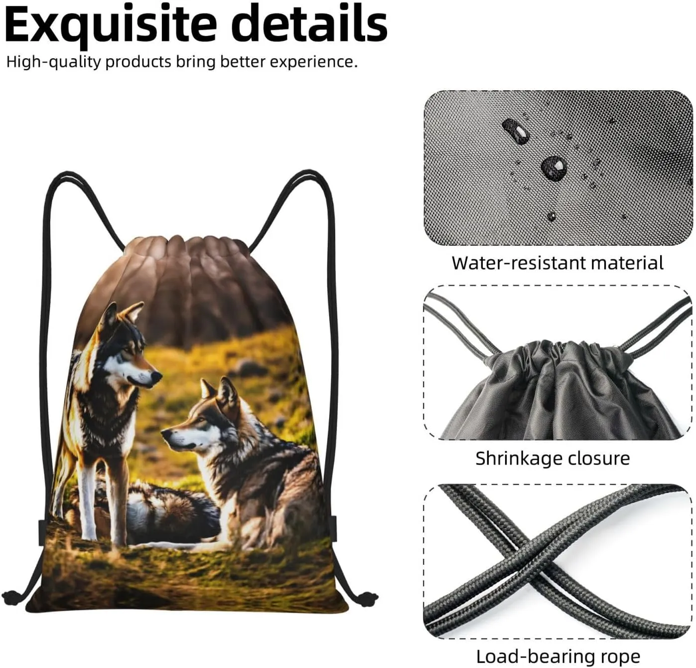 Wolfs print Drawstring Backpack Bags Sack Cinch Tote Sport Storage Polyester Bag for Gym Traveling