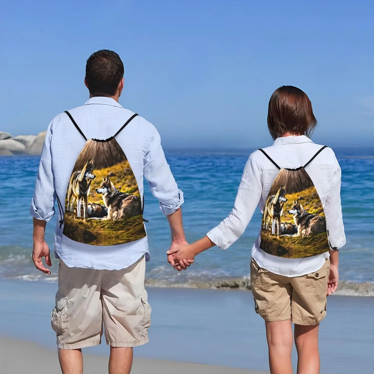 Wolfs print Drawstring Backpack Bags Sack Cinch Tote Sport Storage Polyester Bag for Gym Traveling