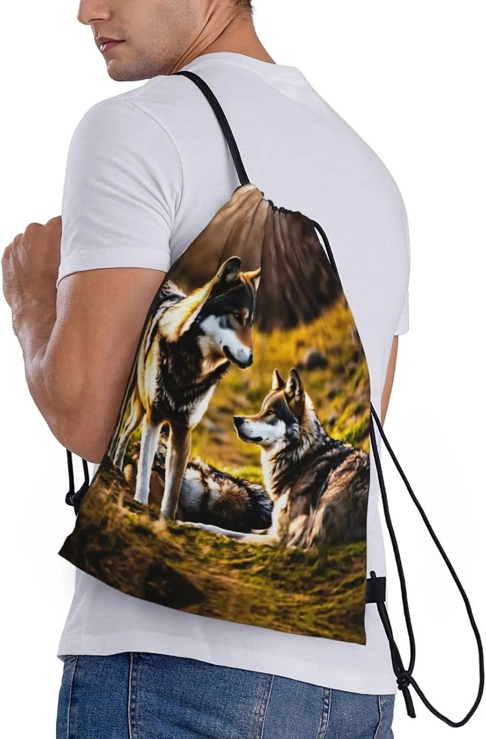 Wolfs print Drawstring Backpack Bags Sack Cinch Tote Sport Storage Polyester Bag for Gym Traveling