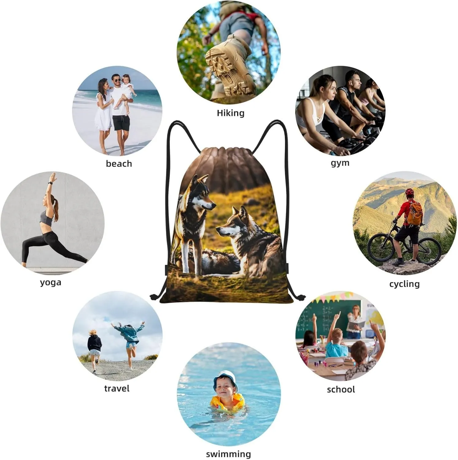 Wolfs print Drawstring Backpack Bags Sack Cinch Tote Sport Storage Polyester Bag for Gym Traveling