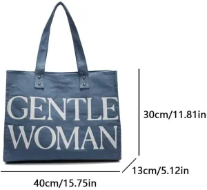 Women Canvas Fashion Shoulder Bag Letter Print Daily Commuting Bag (Light Blue)