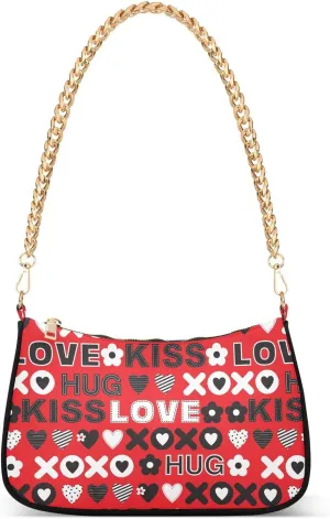 Women Chain Shoulder Purse Bag With Zipper Valentine Pattern with Cute Text Print, Hobo Tote Clutch Handbags with Chain Strap