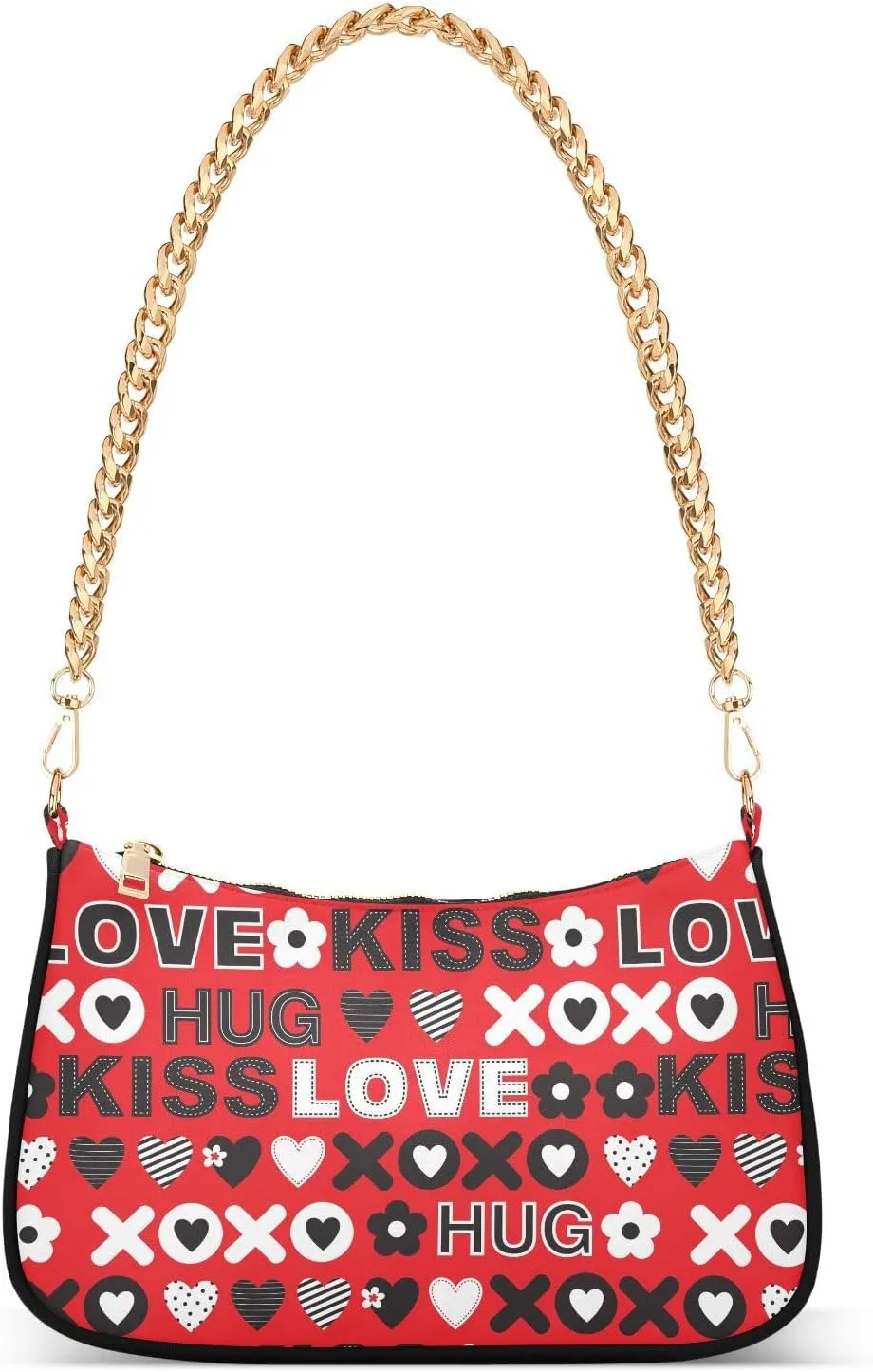 Women Chain Shoulder Purse Bag With Zipper Valentine Pattern with Cute Text Print, Hobo Tote Clutch Handbags with Chain Strap
