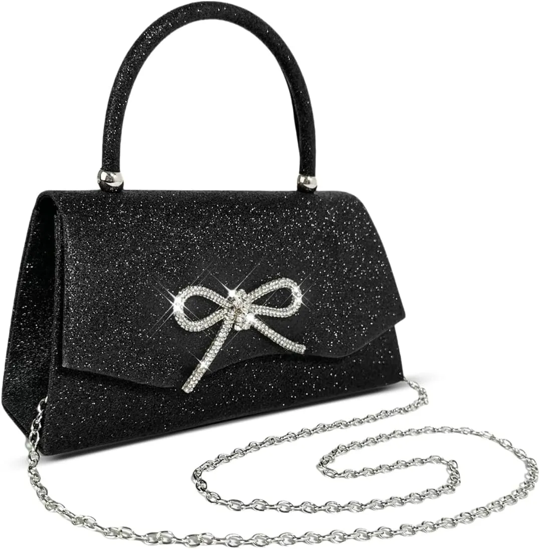 Women Clutch Purse with Glitter Sparkly Bow Detachable Chain for Wedding Cocktail Party Evening Handbags