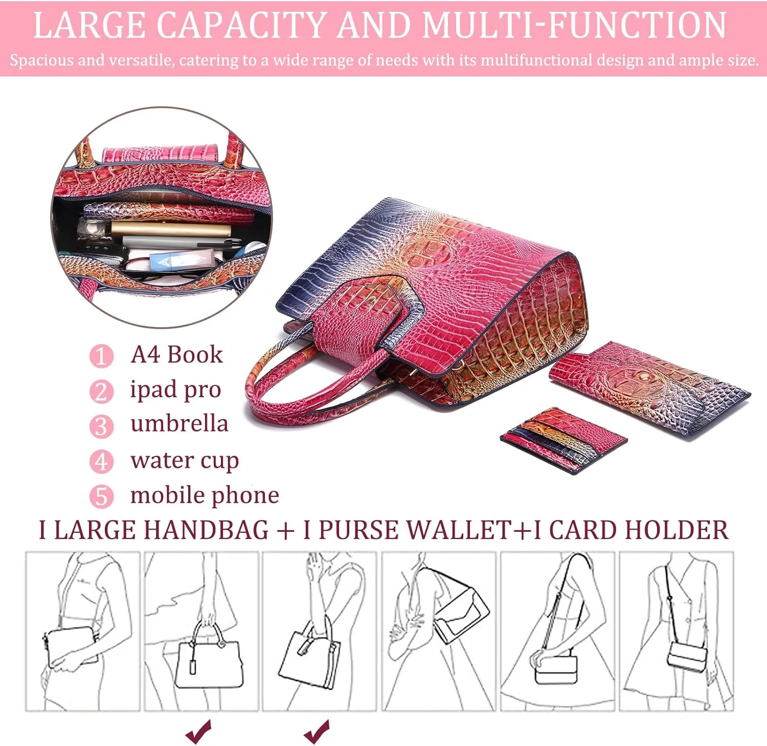 Women Embossed Pattern Satchel Handbags Wallet 3 pcs Set Crossbody Tote Top Handle Vegan Leather Ladies Bag