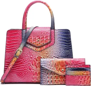 Women Embossed Pattern Satchel Handbags Wallet 3 pcs Set Crossbody Tote Top Handle Vegan Leather Ladies Bag