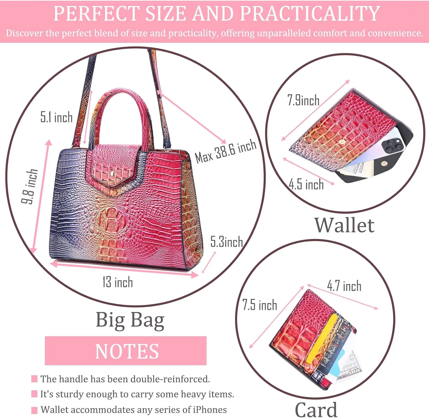 Women Embossed Pattern Satchel Handbags Wallet 3 pcs Set Crossbody Tote Top Handle Vegan Leather Ladies Bag