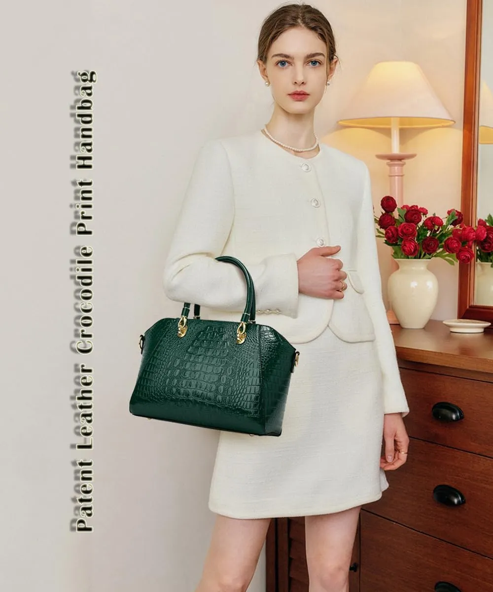 Women Fashion Crocodile Pattern Handbag and Purse Patent Leather Shiny Top-handle Tote Shopper Work Shoulder Satchel