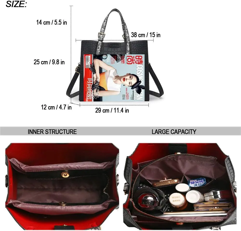 Women Fashion Crocodile Pattern Handbag Snakeskin Top Handle Tote Purse Shoulder Crossbody Bag