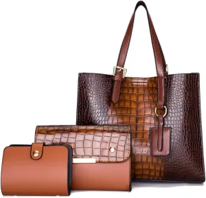Women Fashion Handbags Sets Faux Leather Crocodile Pattern Purse Tote Bags Satchel Bag Wallet Clutch 3-Pcs Set