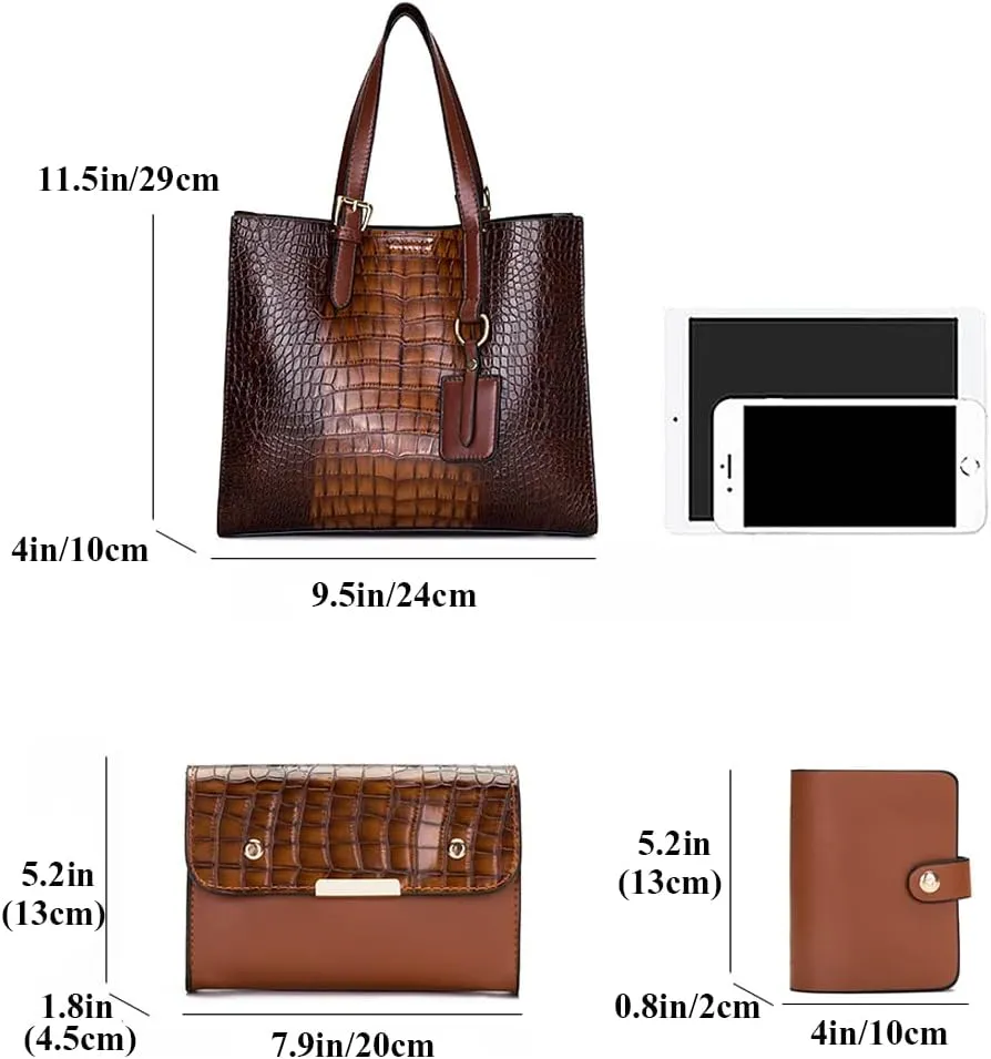 Women Fashion Handbags Sets Faux Leather Crocodile Pattern Purse Tote Bags Satchel Bag Wallet Clutch 3-Pcs Set