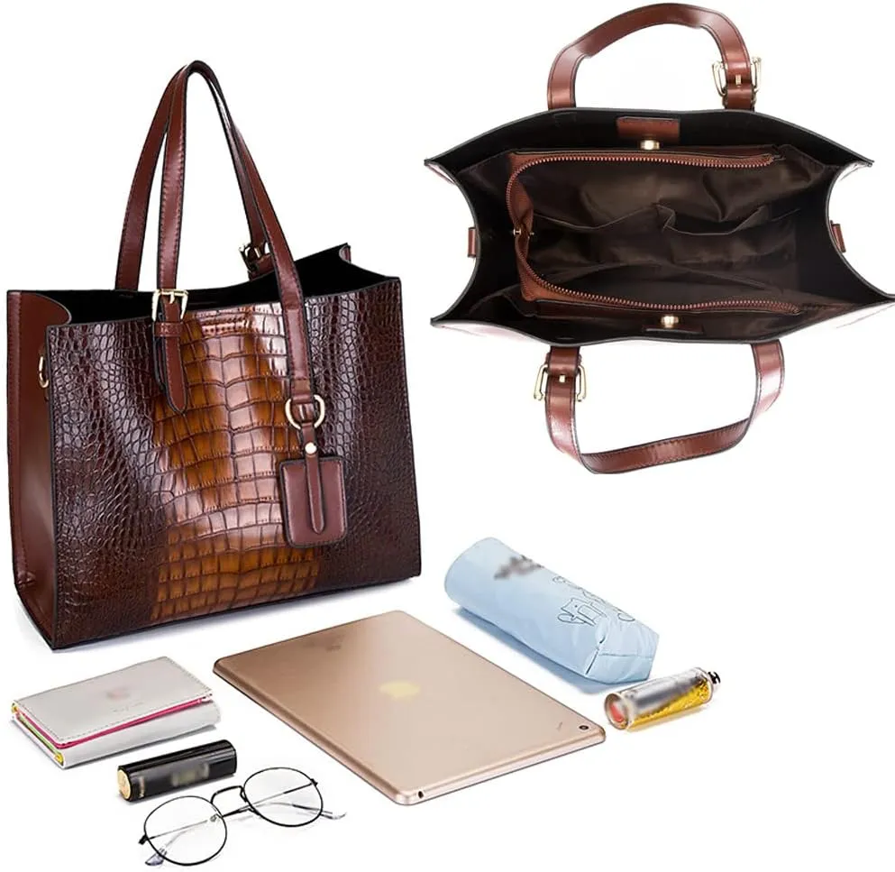 Women Fashion Handbags Sets Faux Leather Crocodile Pattern Purse Tote Bags Satchel Bag Wallet Clutch 3-Pcs Set