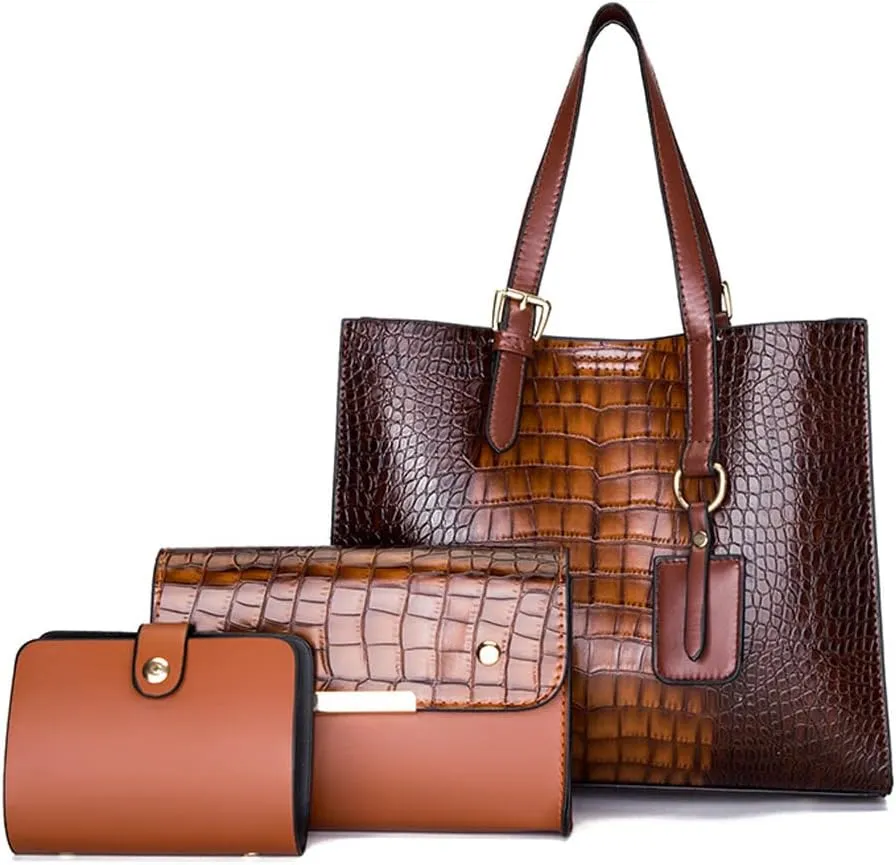 Women Fashion Handbags Sets Faux Leather Crocodile Pattern Purse Tote Bags Satchel Bag Wallet Clutch 3-Pcs Set
