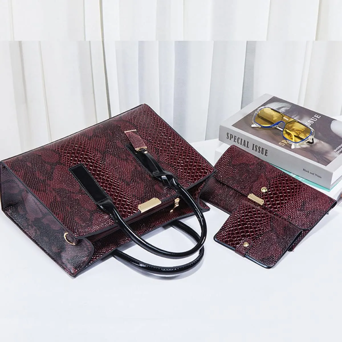 Women Fashion Handbags Snake Pattern Wallet Tote Bag Shoulder Bag Top Handle Satchel Purse Set 3pcs Brown