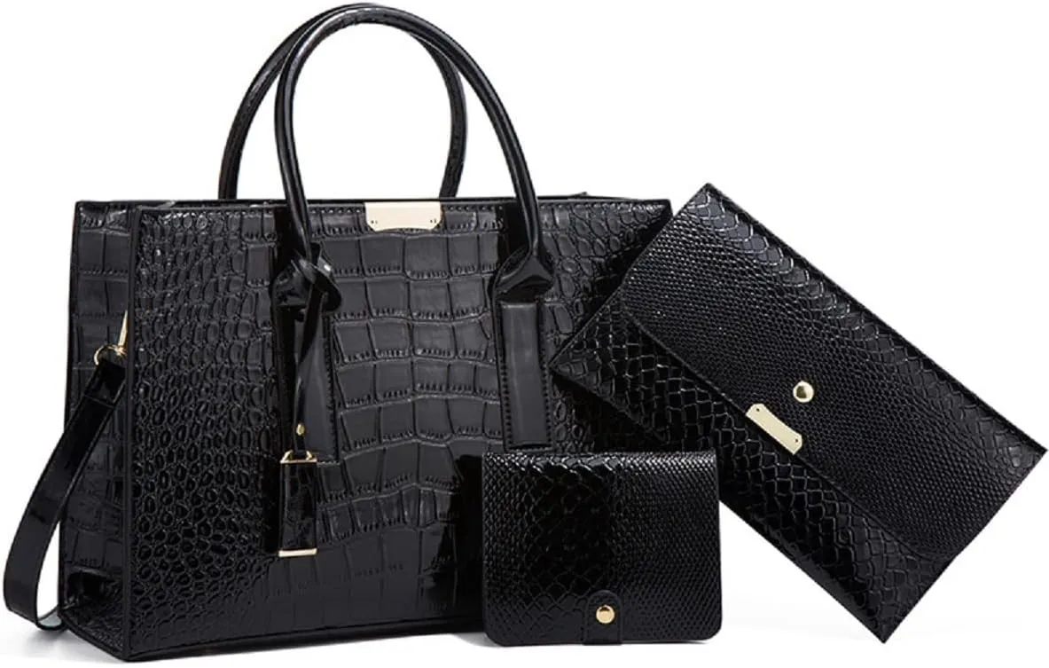 Women Fashion Handbags Snake Pattern Wallet Tote Bag Shoulder Bag Top Handle Satchel Purse Set 3pcs Brown