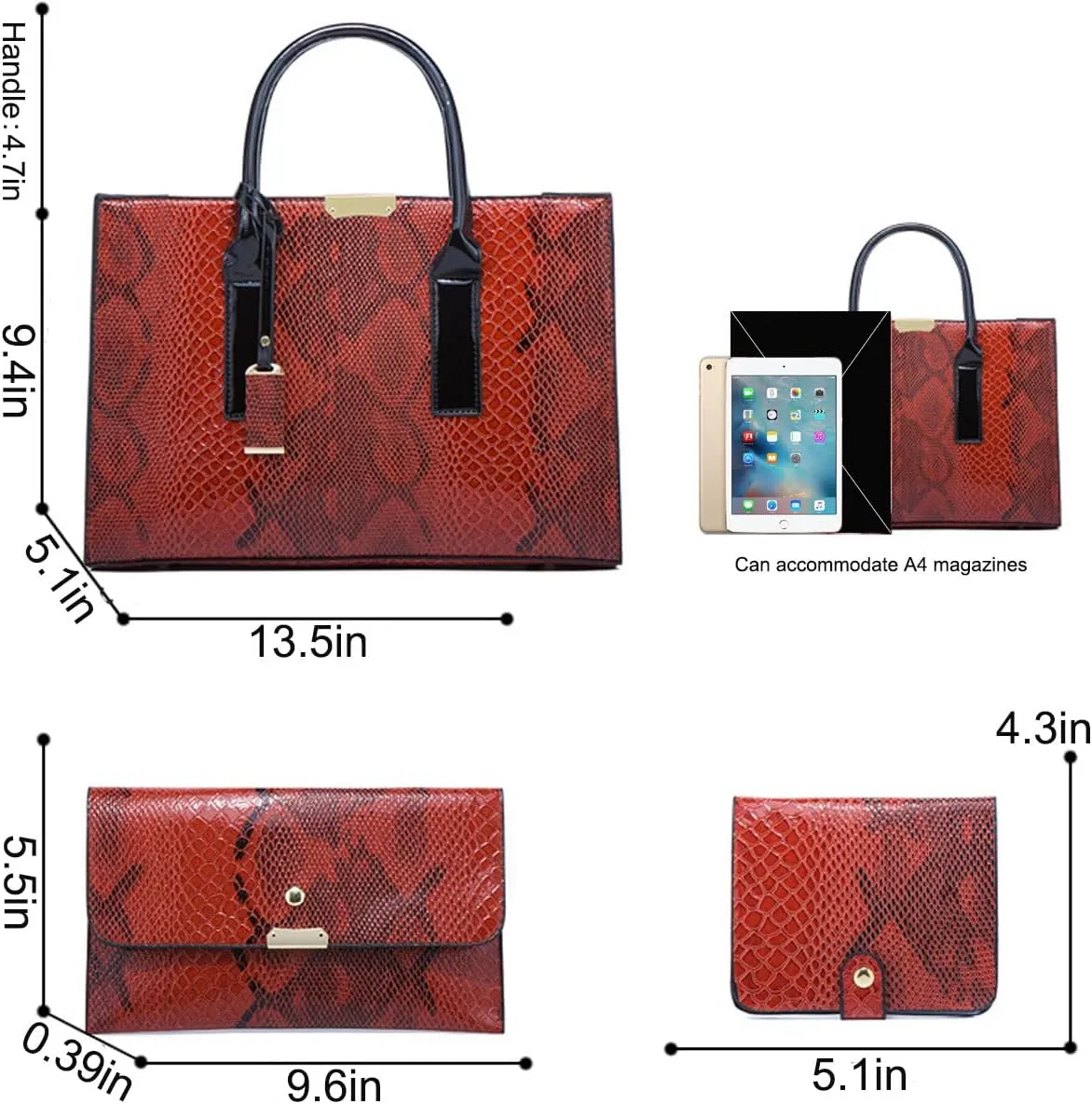 Women Fashion Handbags Snake Pattern Wallet Tote Bag Shoulder Bag Top Handle Satchel Purse Set 3pcs Brown