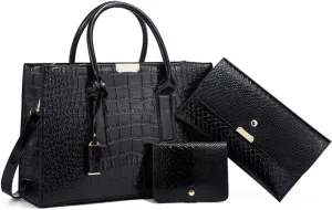 Women Fashion Handbags Snake Pattern Wallet Tote Bag Shoulder Bag Top Handle Satchel Purse Set 3pcs Brown