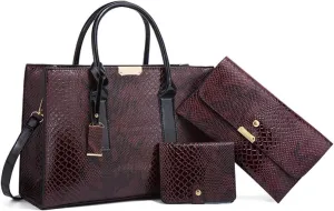 Women Fashion Handbags Snake Pattern Wallet Tote Bag Shoulder Bag Top Handle Satchel Purse Set 3pcs Brown