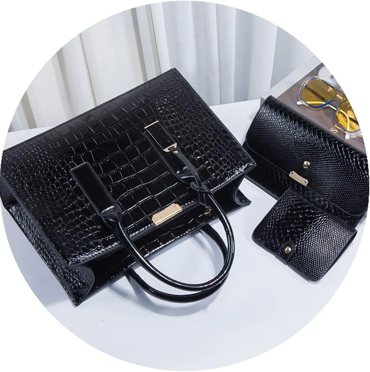 Women Fashion Handbags Snake Pattern Wallet Tote Bag Shoulder Bag Top Handle Satchel Purse Set 3pcs Brown