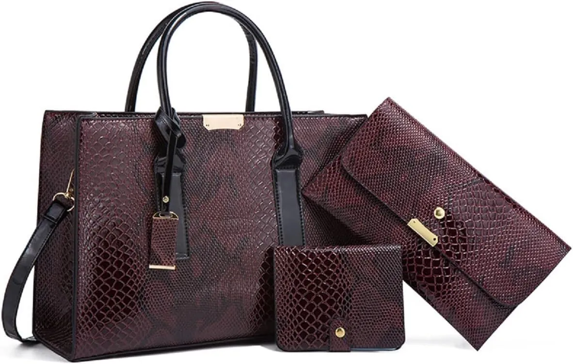Women Fashion Handbags Snake Pattern Wallet Tote Bag Shoulder Bag Top Handle Satchel Purse Set 3pcs Brown