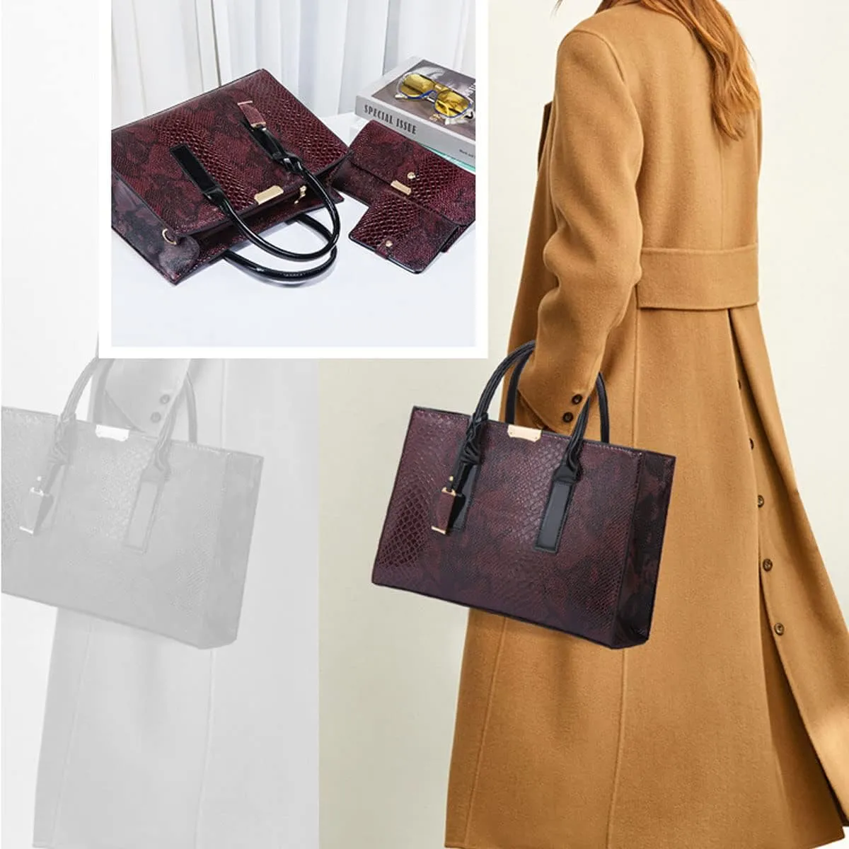 Women Fashion Handbags Snake Pattern Wallet Tote Bag Shoulder Bag Top Handle Satchel Purse Set 3pcs Brown