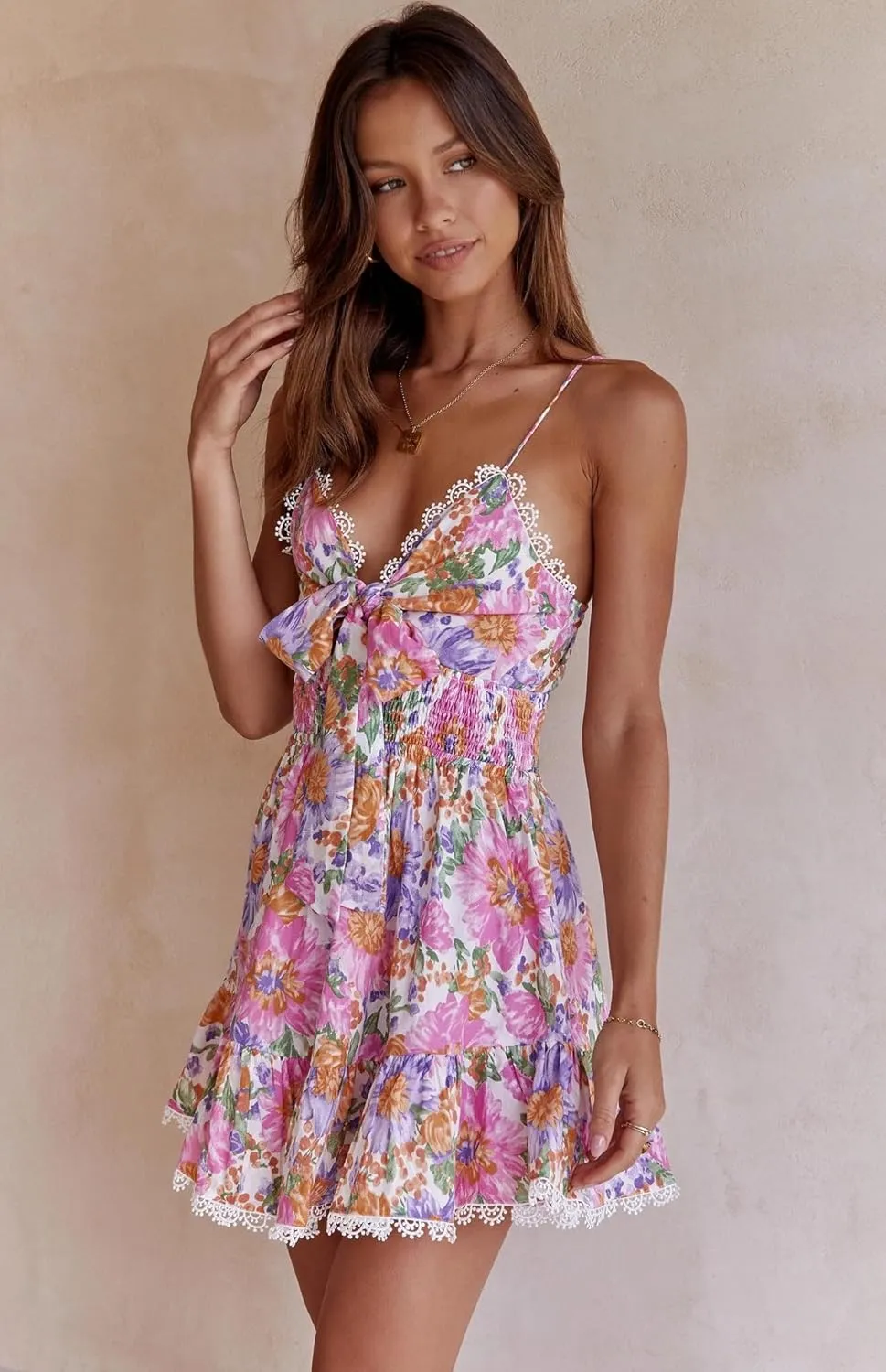 Women Floral Mini Dress Coquette Lace Trim Bow Tie Front A Line Summer Flowy Dress Cute Ruffle Spaghetti Strap Dress