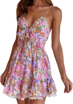 Women Floral Mini Dress Coquette Lace Trim Bow Tie Front A Line Summer Flowy Dress Cute Ruffle Spaghetti Strap Dress