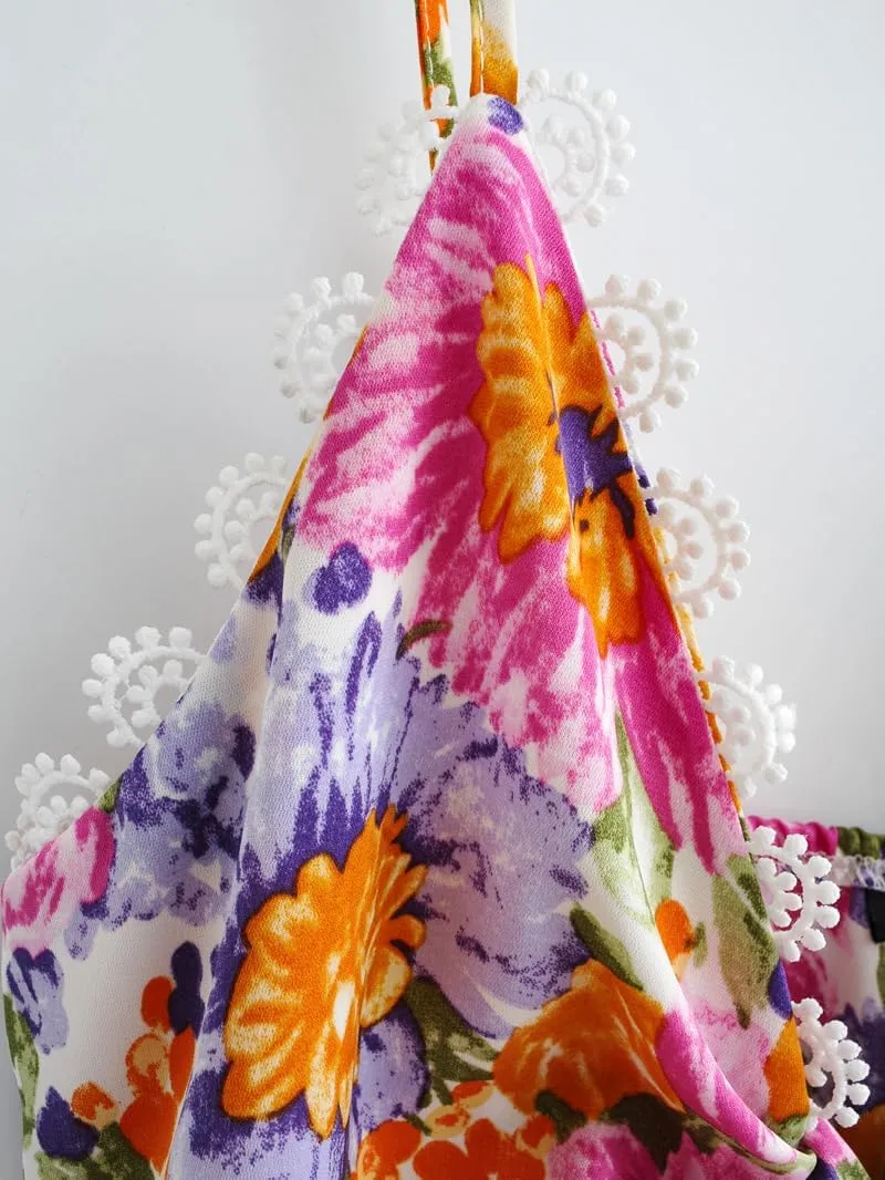 Women Floral Mini Dress Coquette Lace Trim Bow Tie Front A Line Summer Flowy Dress Cute Ruffle Spaghetti Strap Dress