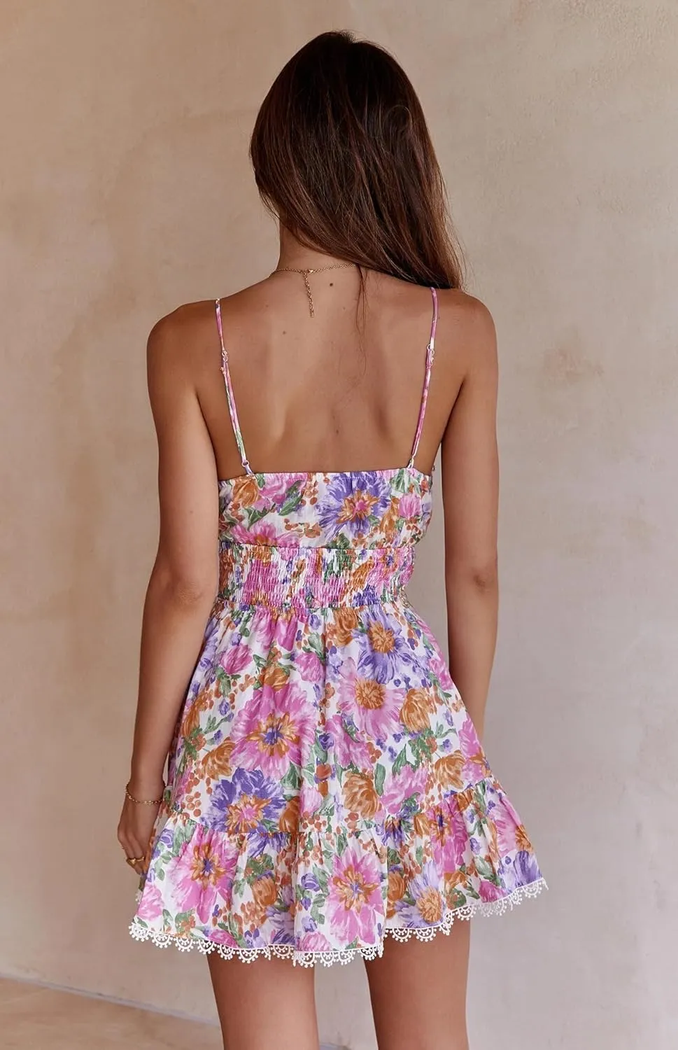 Women Floral Mini Dress Coquette Lace Trim Bow Tie Front A Line Summer Flowy Dress Cute Ruffle Spaghetti Strap Dress