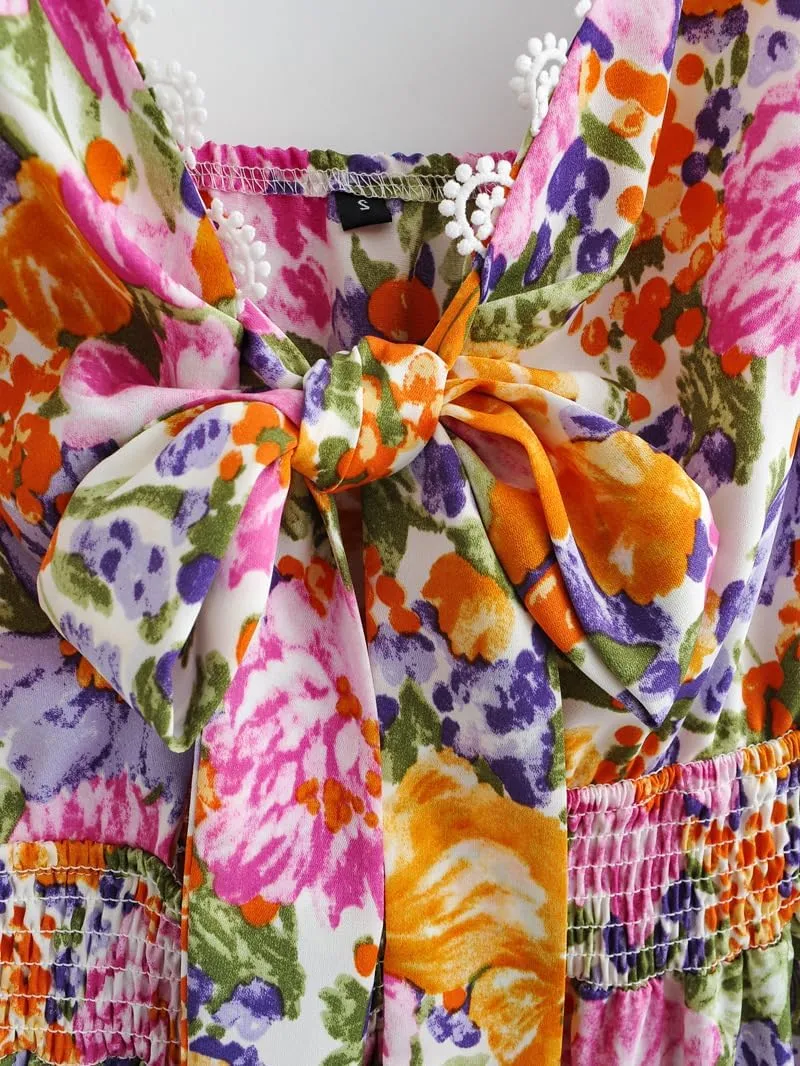 Women Floral Mini Dress Coquette Lace Trim Bow Tie Front A Line Summer Flowy Dress Cute Ruffle Spaghetti Strap Dress