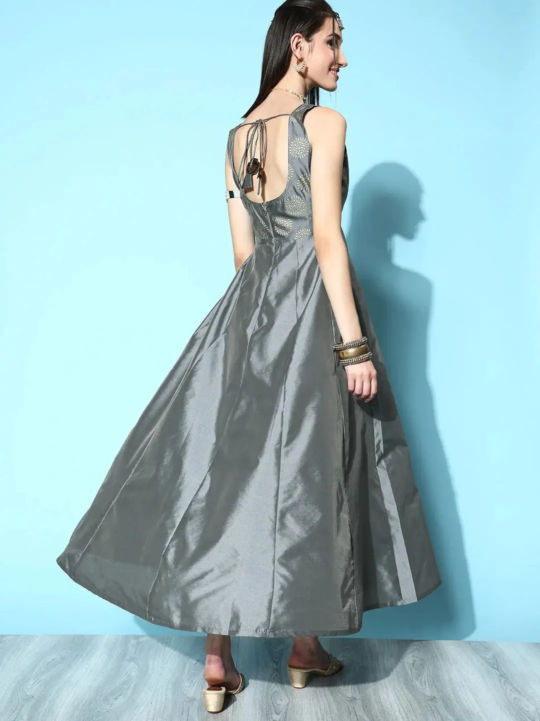 Women Grey Brocade Jacquard Sleeveless Anarkali Dress