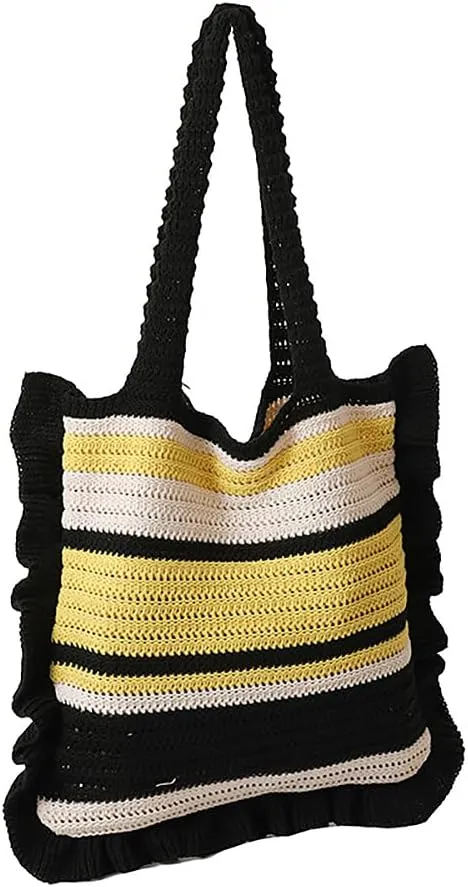 Women Knitted Shoulder Handbag Clashing Striped Underarm Bag with Ruffle Trim Woven Tote Purse