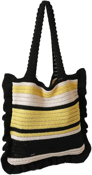 Women Knitted Shoulder Handbag Clashing Striped Underarm Bag with Ruffle Trim Woven Tote Purse