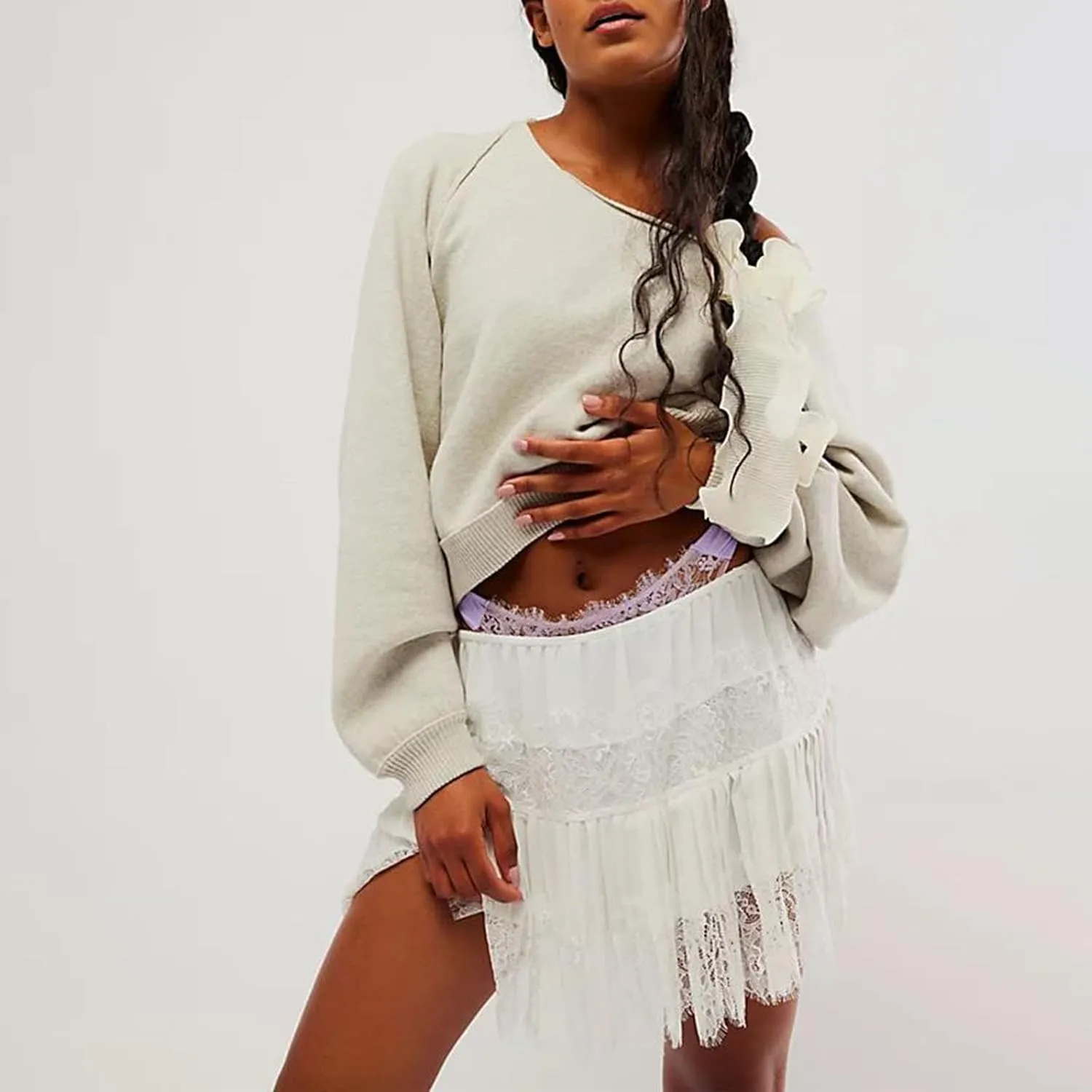 Women Lace Mini Skirt Y2k Ruffle Low Waist Half Slip Skirt Layered Pleated Flowy Short Skirt Streetwear