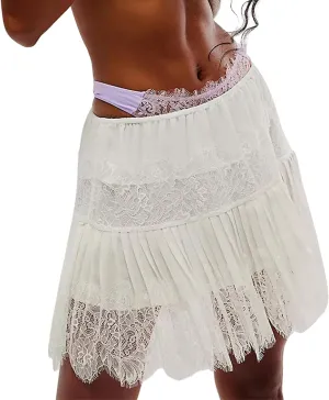 Women Lace Mini Skirt Y2k Ruffle Low Waist Half Slip Skirt Layered Pleated Flowy Short Skirt Streetwear