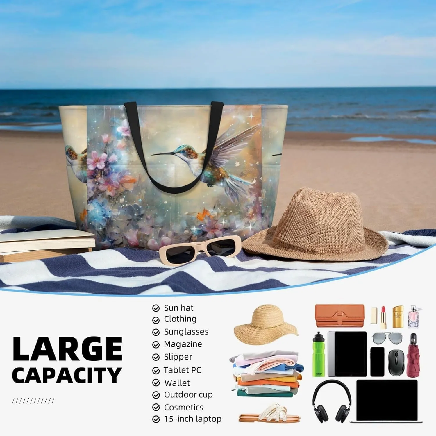 Women Large Beach Bag Travel Weekender Foldable Tote Bag for Pool Beach Vacation Gym