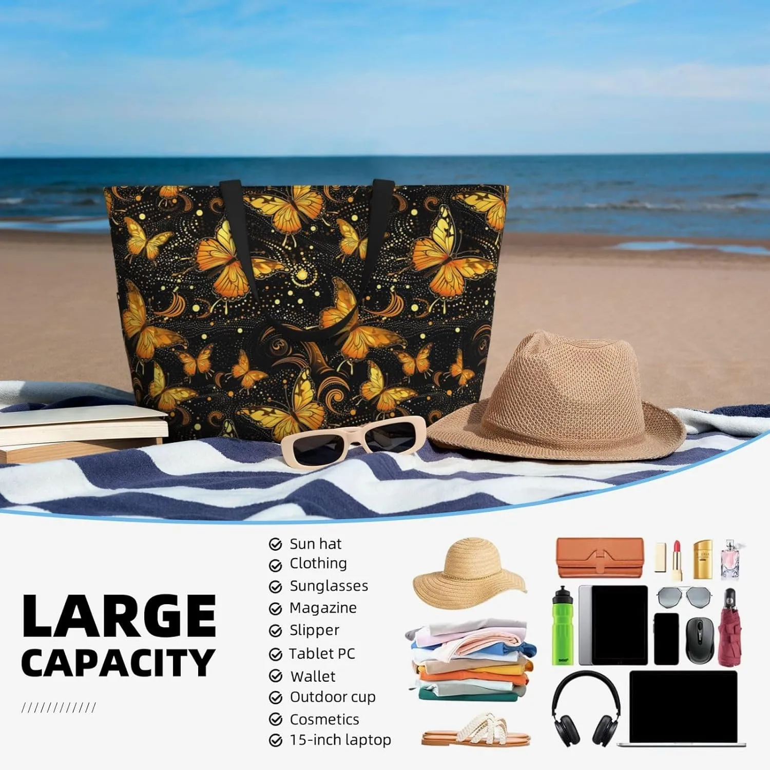 Women Large Beach Bag Travel Weekender Foldable Tote Bag for Pool Beach Vacation Gym