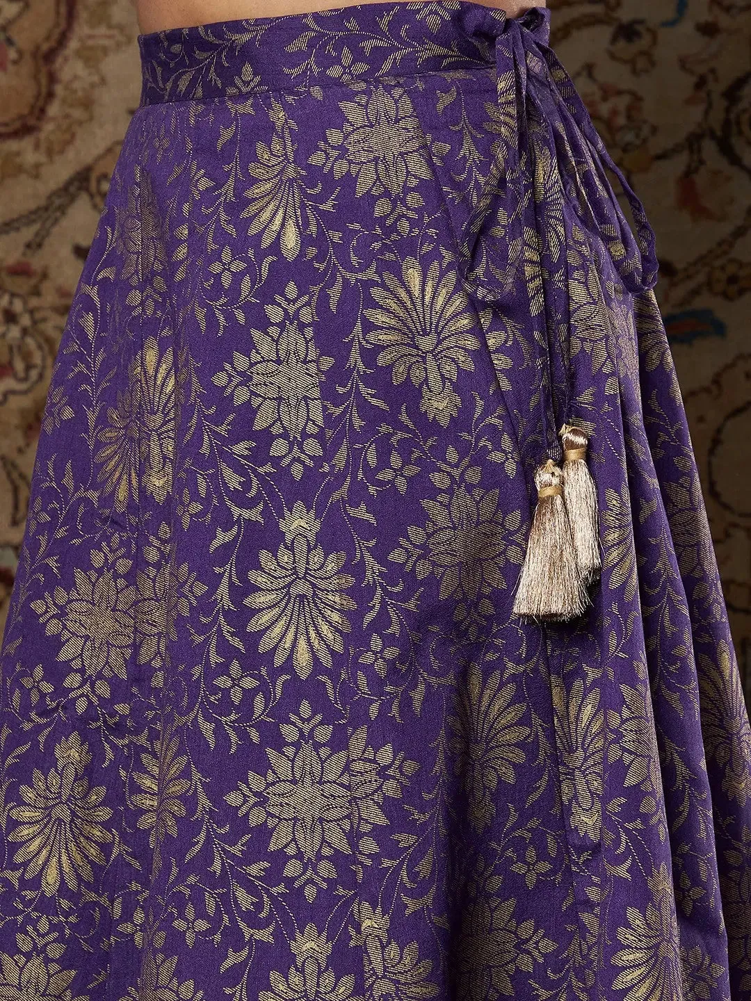 Women Purple Brocade Floral Crop Top With Aanrkali Skirt