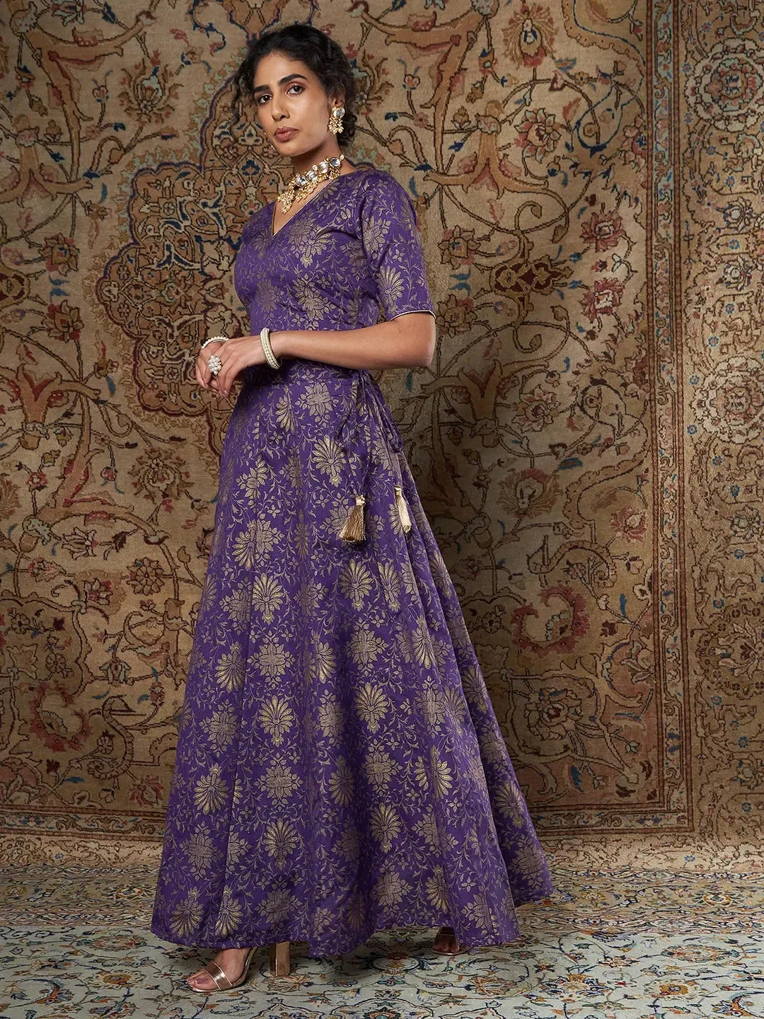 Women Purple Brocade Floral Crop Top With Aanrkali Skirt