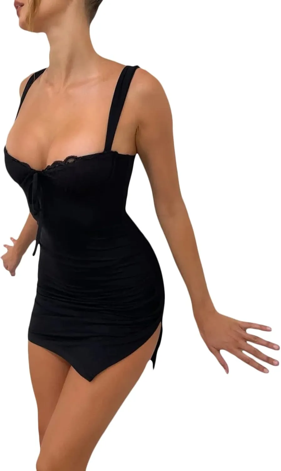 Women Sexy Backless Bodycon Mini Dress Lace Trim Spaghetti Strap Low Cut Short Dress Ruched Slit Cocktail Party Dress
