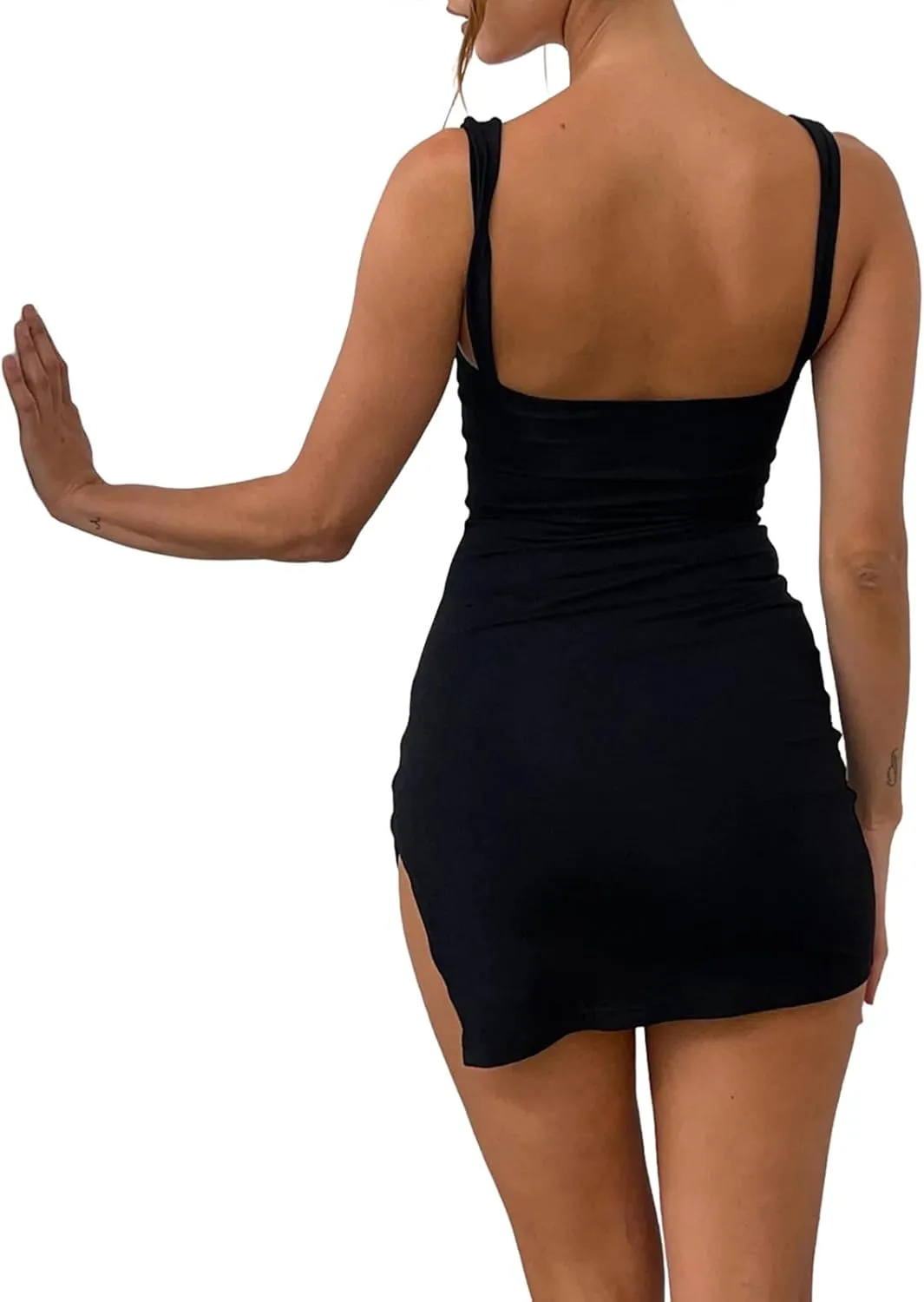 Women Sexy Backless Bodycon Mini Dress Lace Trim Spaghetti Strap Low Cut Short Dress Ruched Slit Cocktail Party Dress