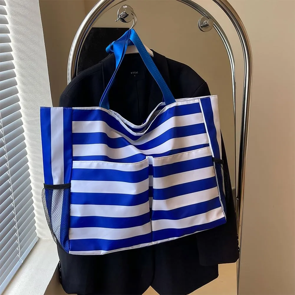 Women Striped Tote Bag Contrast Color Handbag Large Capacity Trendy Commuting Bag Multi-pockets Fashion Shoulder B