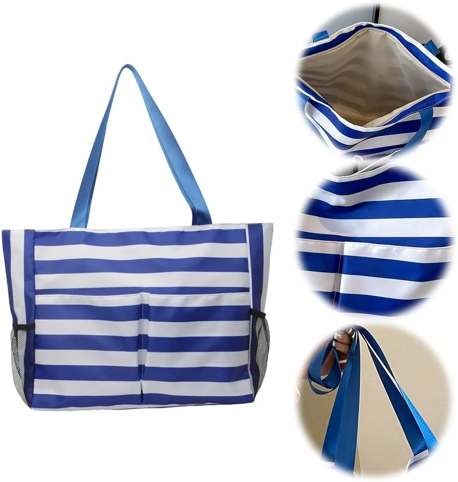 Women Striped Tote Bag Contrast Color Handbag Large Capacity Trendy Commuting Bag Multi-pockets Fashion Shoulder B