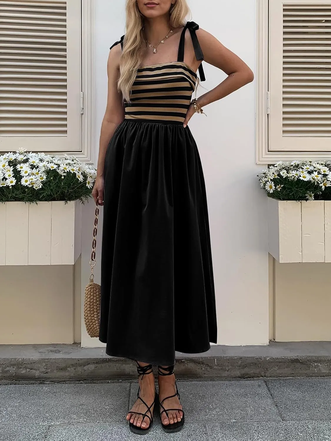 Women Summer Tie Spaghetti Strap Striped Dresses Sleeveless Stretch Flowy Maxi Sundress Beach Dress with Pockets